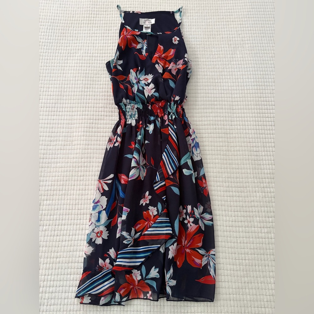 Sweet Storm Navy Halter Dress with Red & Blue Floral Print NWOT Size Small